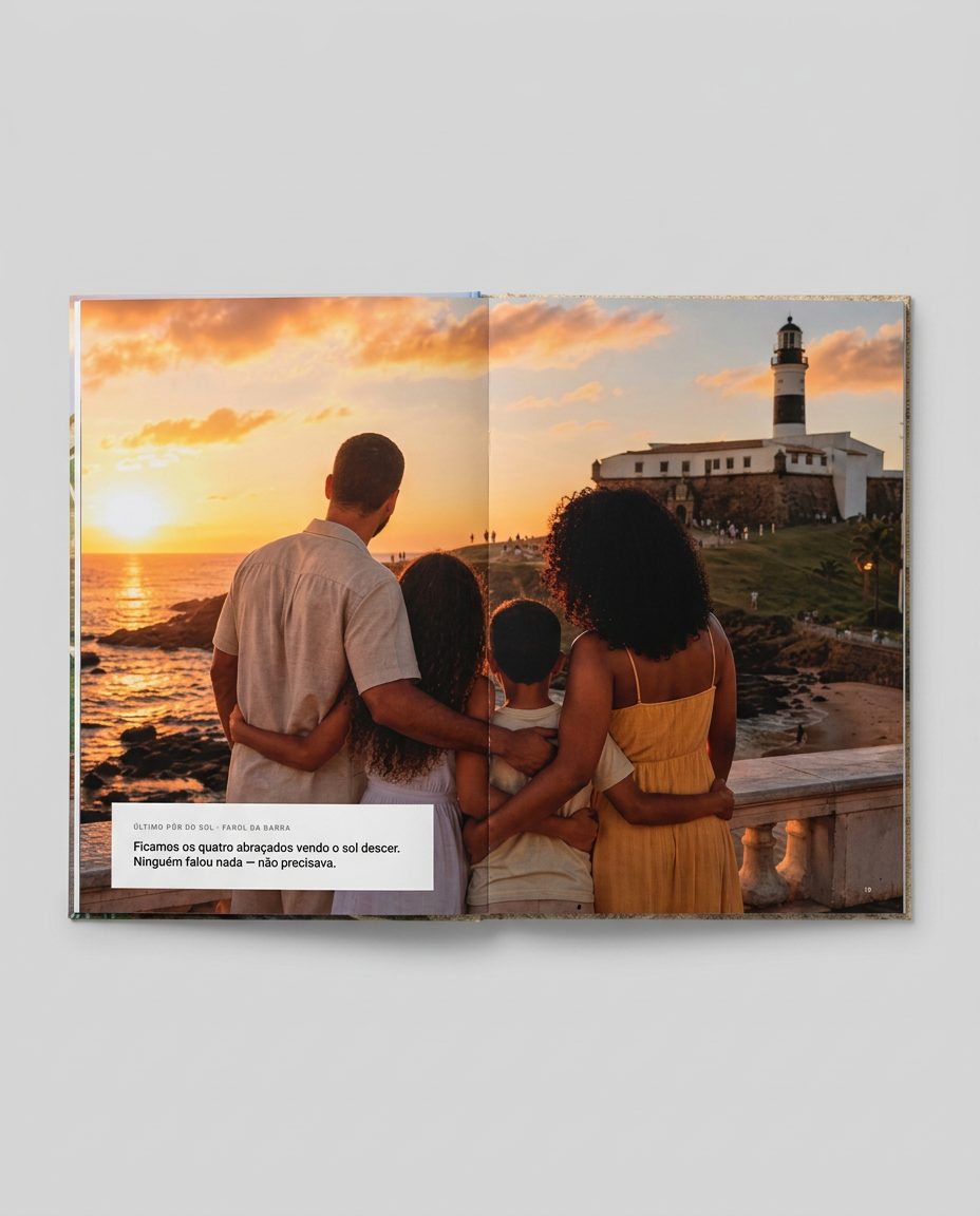 Página dupla do livro com a silhueta de uma família contra o pôr do sol junto ao farol